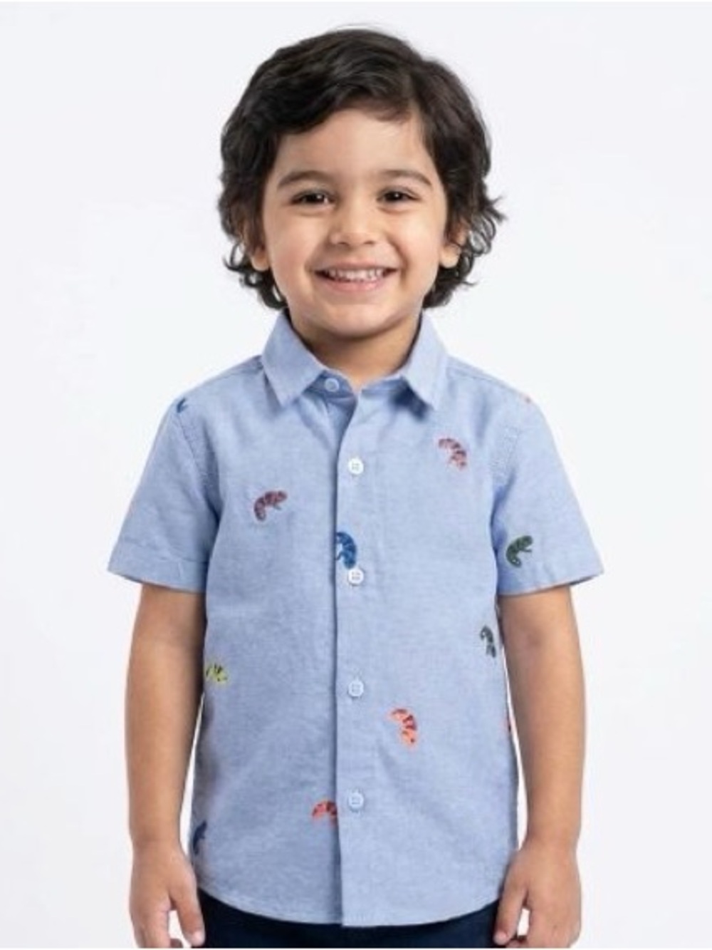 BODEN Blue Short-Sleeve Button-Down Chambray Shirt Multicolor Embroidery Sz 7/8